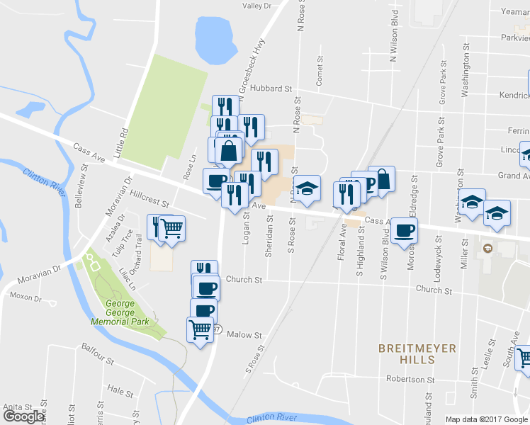 map of restaurants, bars, coffee shops, grocery stores, and more near 401 Cass Avenue in Mount Clemens