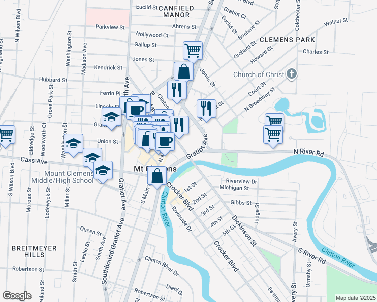 map of restaurants, bars, coffee shops, grocery stores, and more near 12 Market Street in Mount Clemens