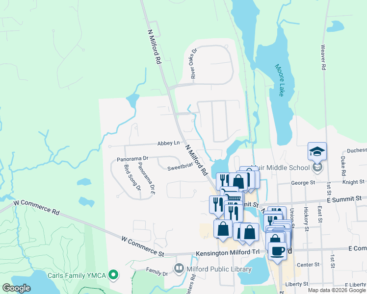 map of restaurants, bars, coffee shops, grocery stores, and more near 701 Abbey Lane in Milford Charter Township