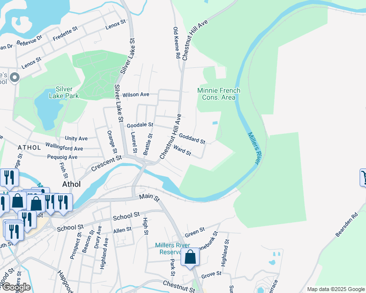 map of restaurants, bars, coffee shops, grocery stores, and more near 46 Ward Street in Athol