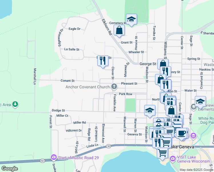 map of restaurants, bars, coffee shops, grocery stores, and more near 1316 Pleasant St in Lake Geneva