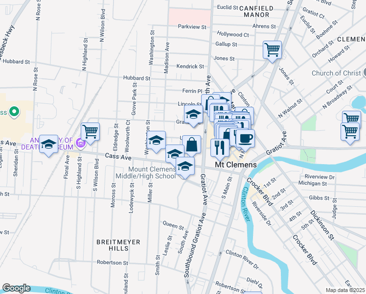 map of restaurants, bars, coffee shops, grocery stores, and more near 30 Mack Street in Mount Clemens
