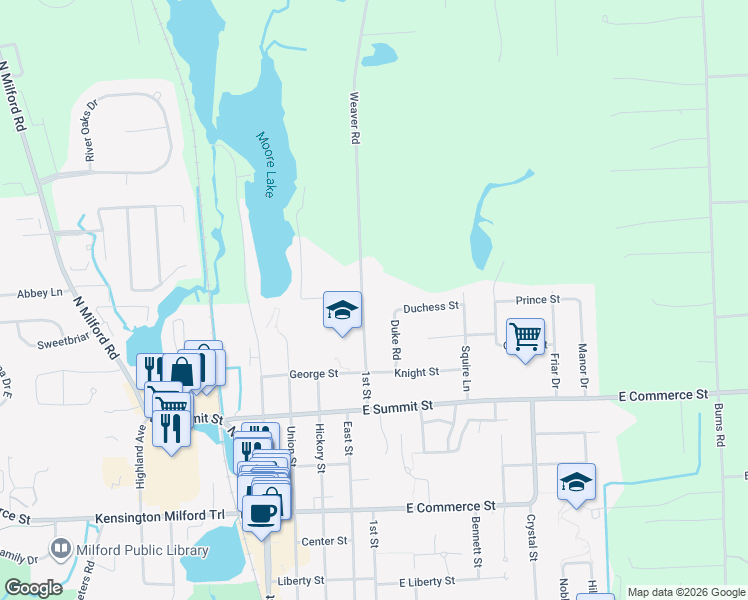 map of restaurants, bars, coffee shops, grocery stores, and more near 896 1st Street in Milford Charter Township