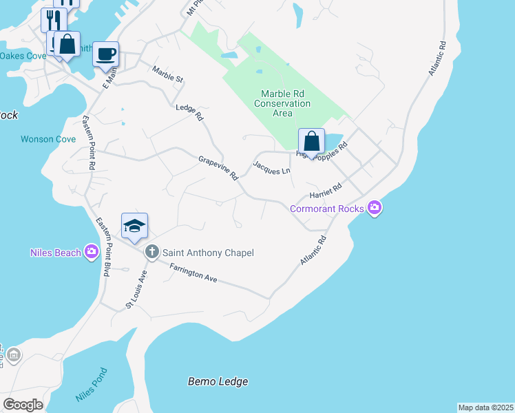 map of restaurants, bars, coffee shops, grocery stores, and more near 55 Grapevine Road in Gloucester