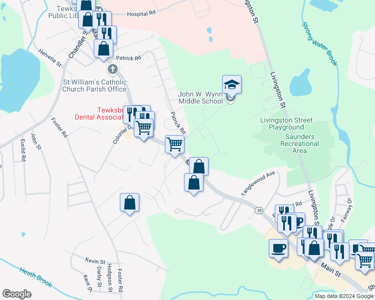 map of restaurants, bars, coffee shops, grocery stores, and more near 1564 Main Street in Tewksbury