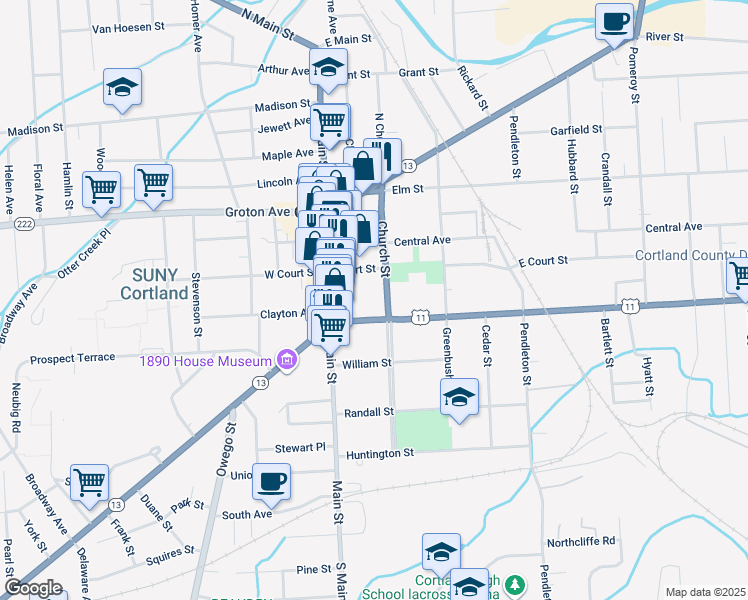 map of restaurants, bars, coffee shops, grocery stores, and more near 24-26 Port Watson St in Cortland