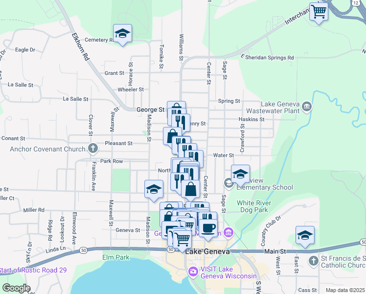 map of restaurants, bars, coffee shops, grocery stores, and more near 719 Williams Street in Lake Geneva