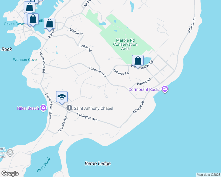 map of restaurants, bars, coffee shops, grocery stores, and more near 55 Grapevine Road in Gloucester