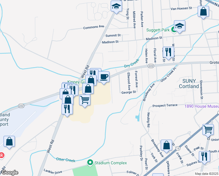 map of restaurants, bars, coffee shops, grocery stores, and more near 1142 New York 222 in Cortland