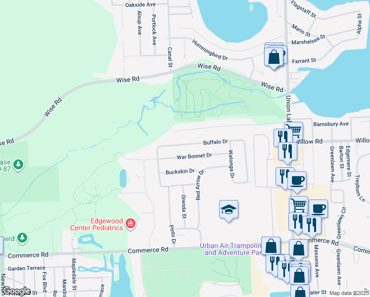 map of restaurants, bars, coffee shops, grocery stores, and more near 8717 Buffalo Drive in Commerce charter Township