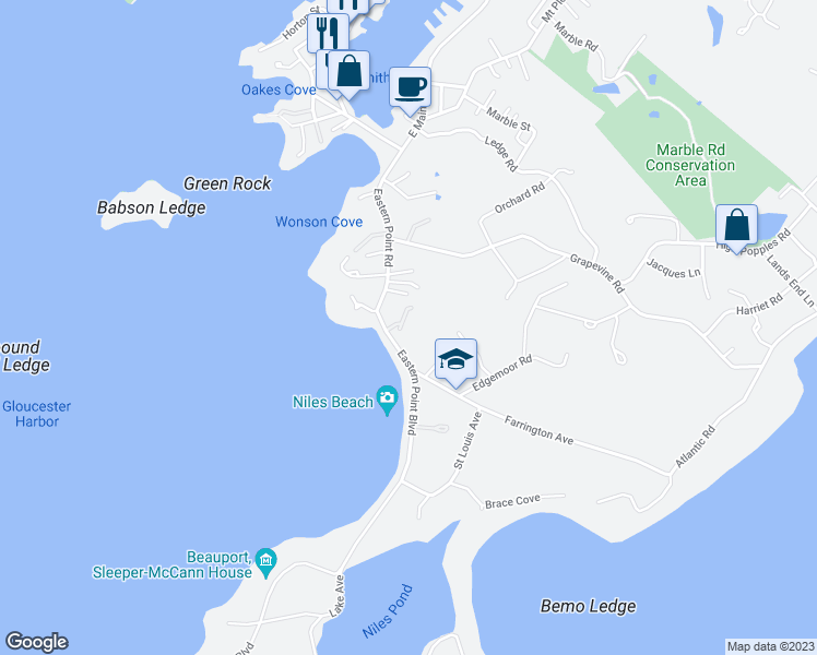 map of restaurants, bars, coffee shops, grocery stores, and more near 6 Eastern Point Boulevard in Gloucester