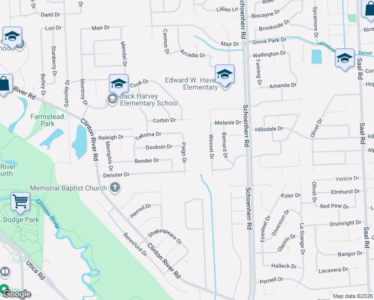 map of restaurants, bars, coffee shops, grocery stores, and more near 41234 Paign Drive in Sterling Heights
