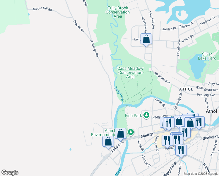 map of restaurants, bars, coffee shops, grocery stores, and more near 328 North Orange Road in Athol