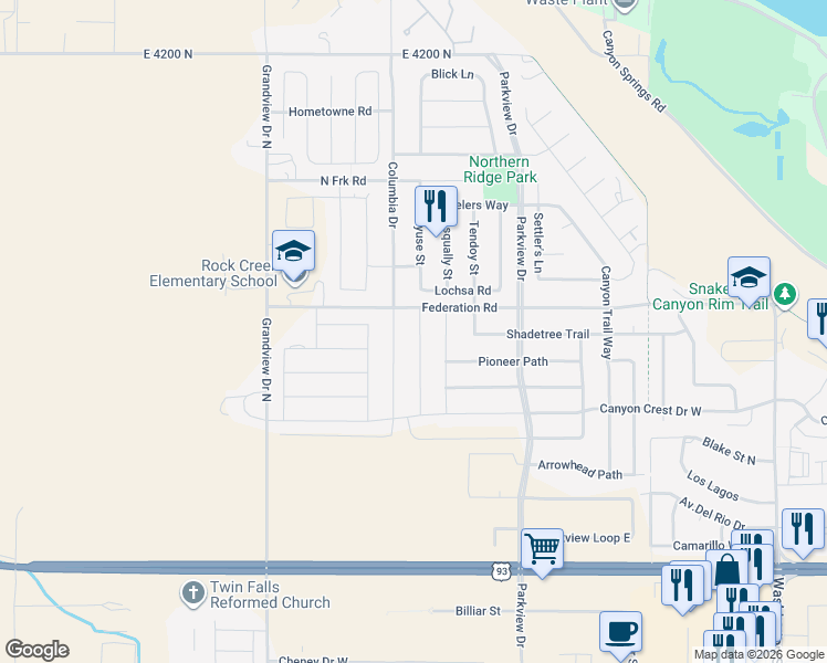map of restaurants, bars, coffee shops, grocery stores, and more near 2067 Red Rock Way in Twin Falls