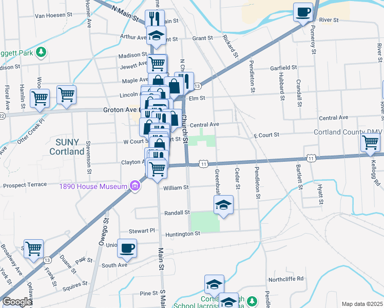 map of restaurants, bars, coffee shops, grocery stores, and more near 41 Church Street in Cortland