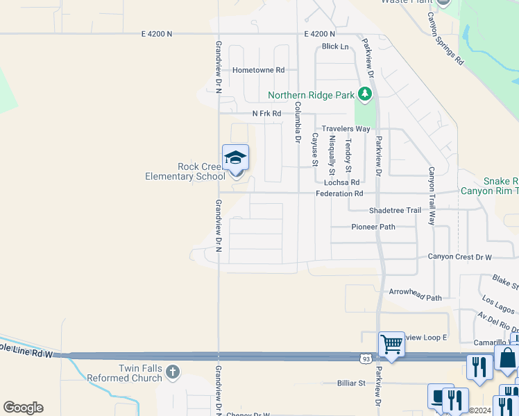 map of restaurants, bars, coffee shops, grocery stores, and more near 811 Pronghorn Drive in Twin Falls