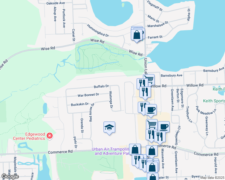 map of restaurants, bars, coffee shops, grocery stores, and more near 2515 Watonga Drive in Commerce Charter Township