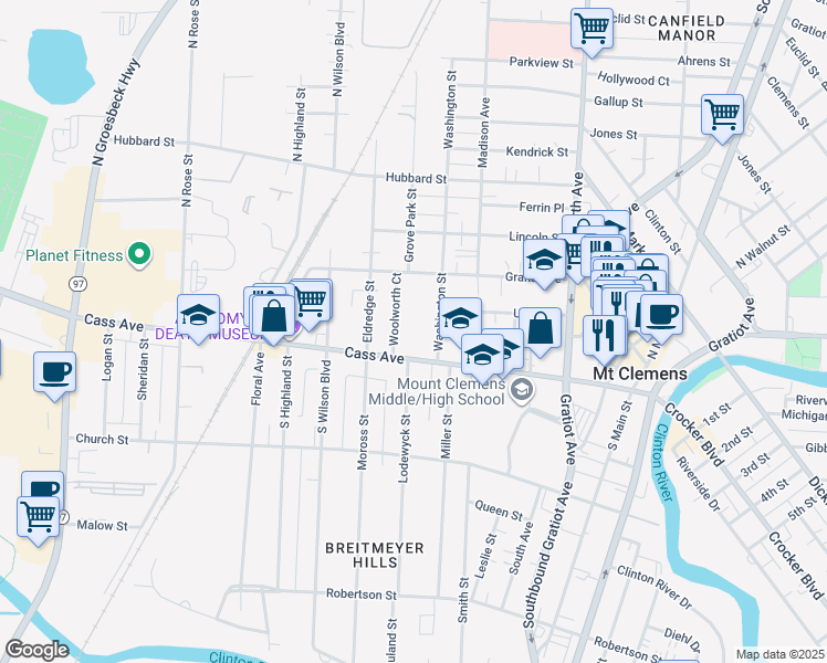 map of restaurants, bars, coffee shops, grocery stores, and more near 210 Cass Avenue in Mount Clemens