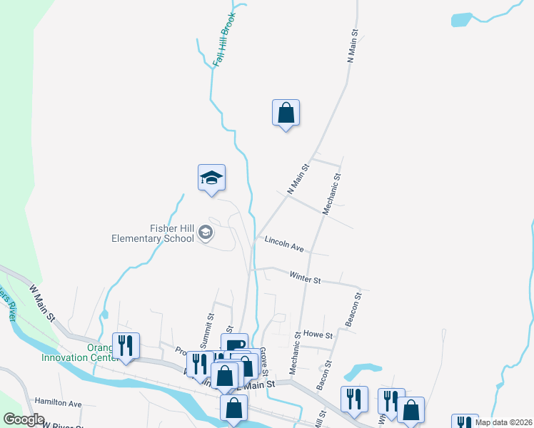 map of restaurants, bars, coffee shops, grocery stores, and more near 229 N Main St in Orange