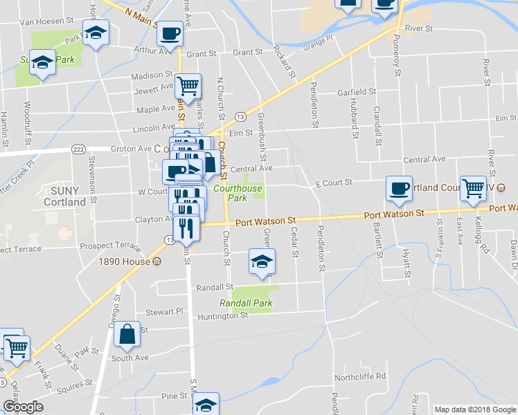map of restaurants, bars, coffee shops, grocery stores, and more near 56 Greenbush St in Cortland