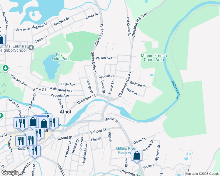 map of restaurants, bars, coffee shops, grocery stores, and more near 70 Brattle Street in Athol