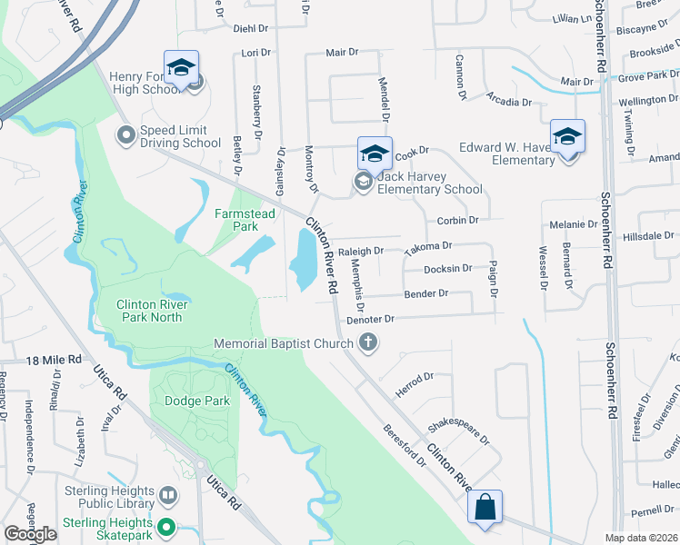 map of restaurants, bars, coffee shops, grocery stores, and more near 41309 Memphis Drive in Sterling Heights