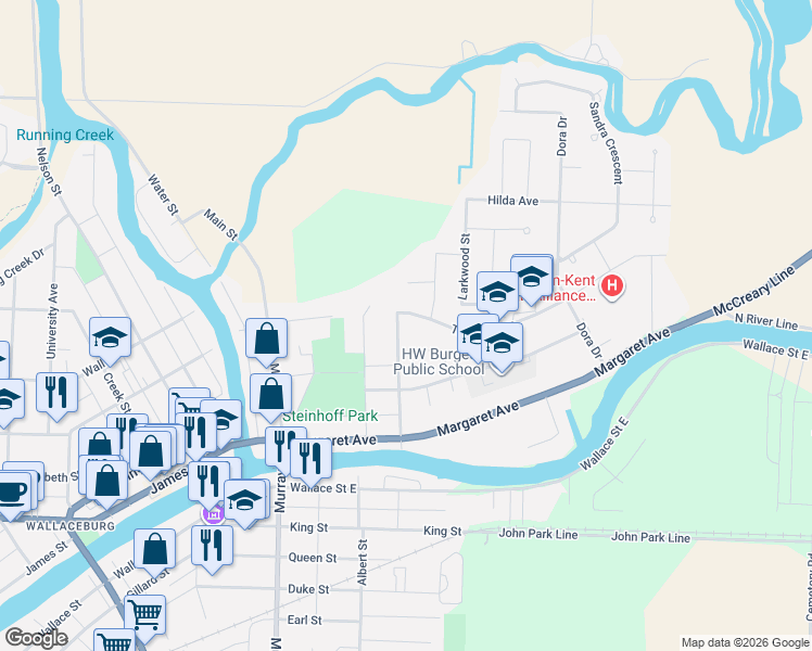 map of restaurants, bars, coffee shops, grocery stores, and more near 87 Dundas Street in Wallaceburg