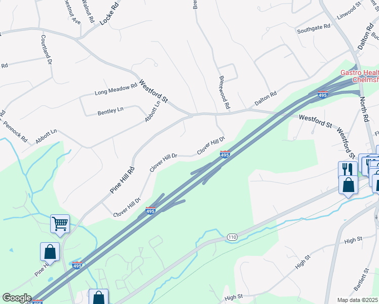 map of restaurants, bars, coffee shops, grocery stores, and more near 13 Clover Hill Drive in Chelmsford