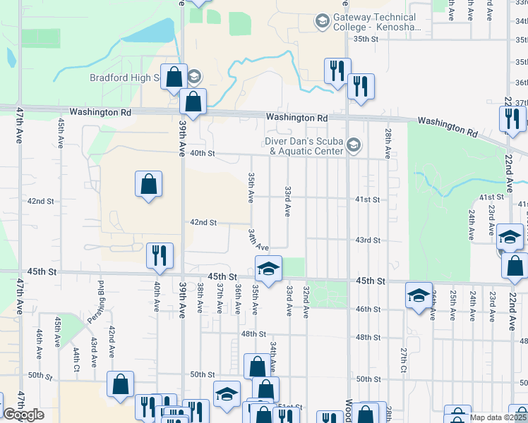 map of restaurants, bars, coffee shops, grocery stores, and more near 4120 34th Avenue in Kenosha