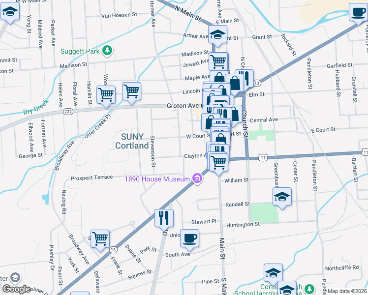map of restaurants, bars, coffee shops, grocery stores, and more near 29 Pleasant Street in Cortland