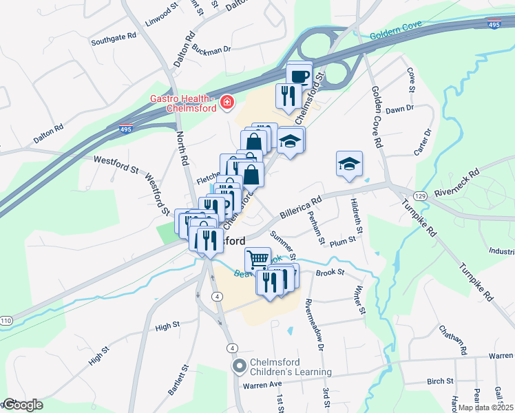 map of restaurants, bars, coffee shops, grocery stores, and more near 11 Wilson Street in Chelmsford