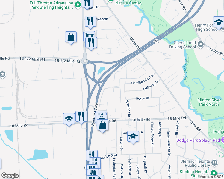 map of restaurants, bars, coffee shops, grocery stores, and more near 41501 Huntington Drive in Sterling Heights