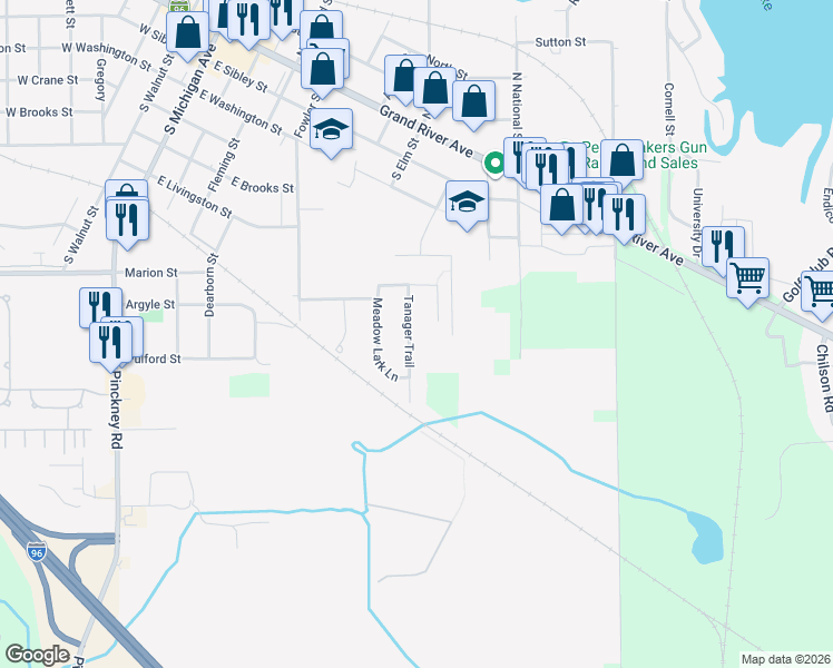 map of restaurants, bars, coffee shops, grocery stores, and more near 903 Tanager Trail in Howell