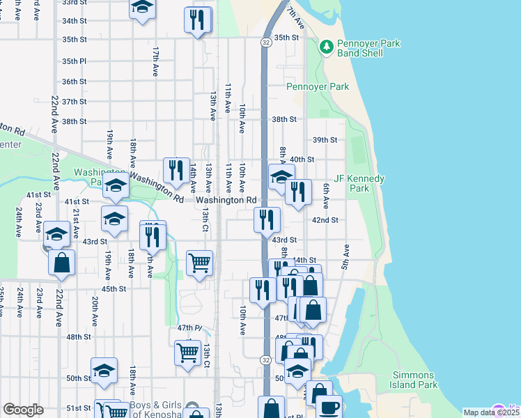 map of restaurants, bars, coffee shops, grocery stores, and more near 4112 Sheridan Road in Kenosha