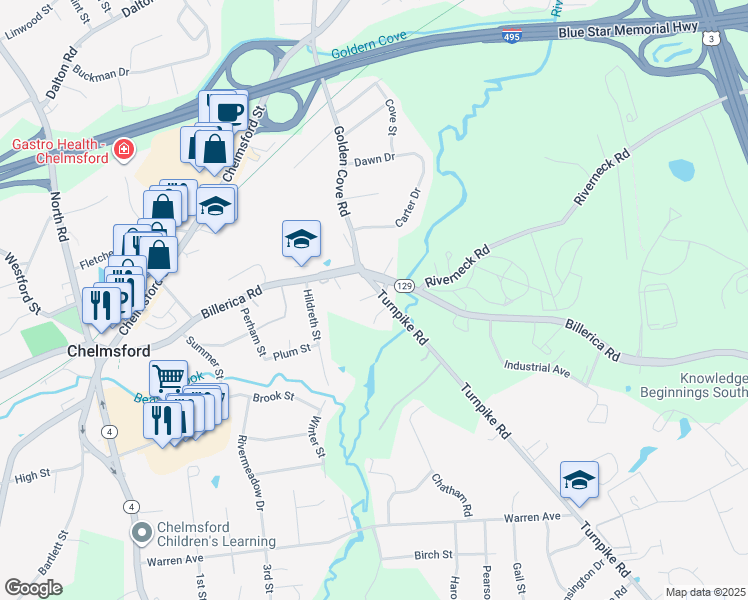 map of restaurants, bars, coffee shops, grocery stores, and more near 9 Turnpike Road in Chelmsford