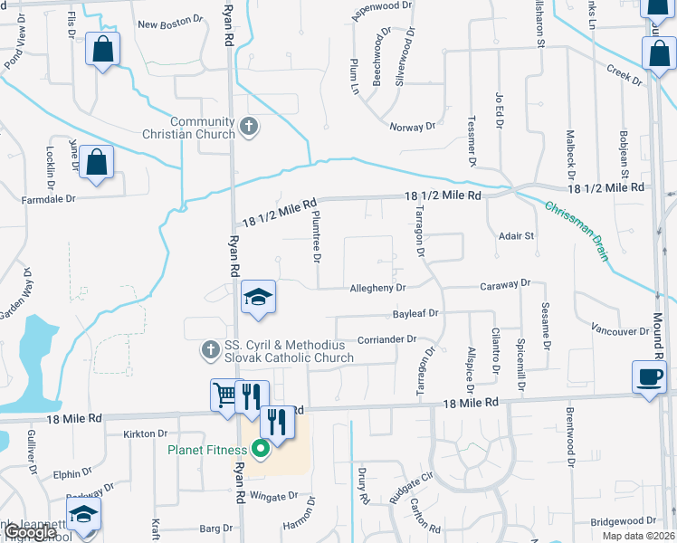 map of restaurants, bars, coffee shops, grocery stores, and more near 41778 Prunum Drive in Sterling Heights