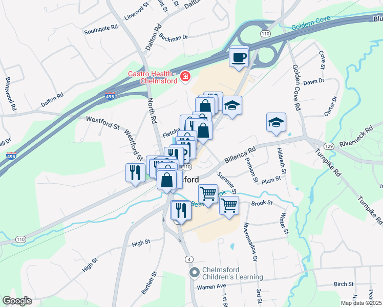 map of restaurants, bars, coffee shops, grocery stores, and more near 34 Chelmsford Street in Chelmsford