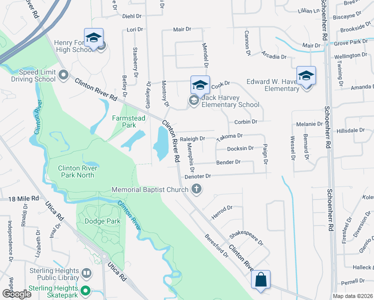 map of restaurants, bars, coffee shops, grocery stores, and more near 41309 Memphis Drive in Sterling Heights