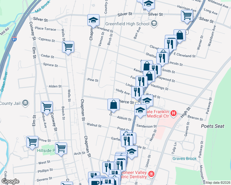 map of restaurants, bars, coffee shops, grocery stores, and more near 251 Davis St in Greenfield