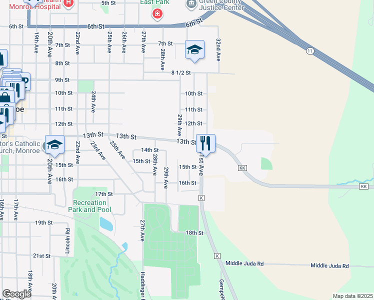 map of restaurants, bars, coffee shops, grocery stores, and more near 1319 31st Avenue in Monroe