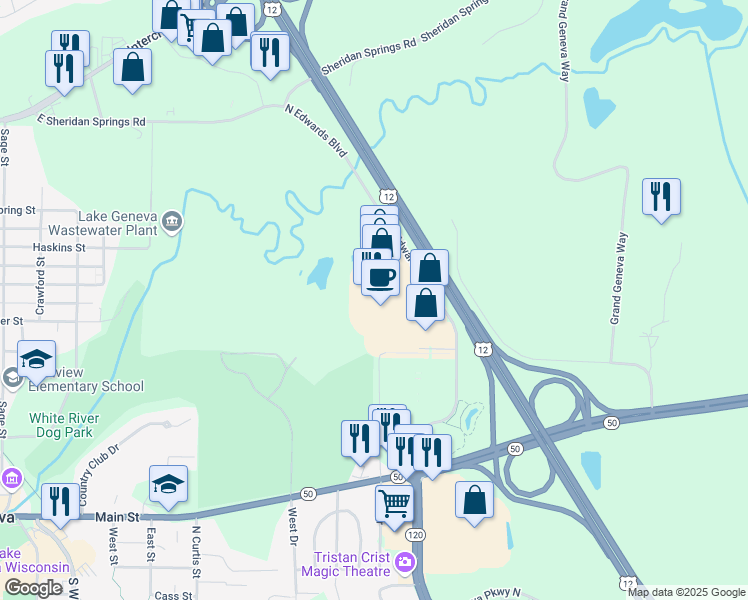 map of restaurants, bars, coffee shops, grocery stores, and more near 660 North Edwards Boulevard in Lake Geneva