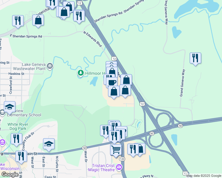 map of restaurants, bars, coffee shops, grocery stores, and more near 660 North Edwards Boulevard in Lake Geneva