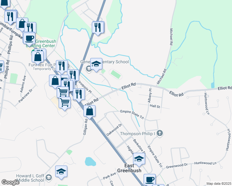 map of restaurants, bars, coffee shops, grocery stores, and more near 56 Elliot Road in East Greenbush