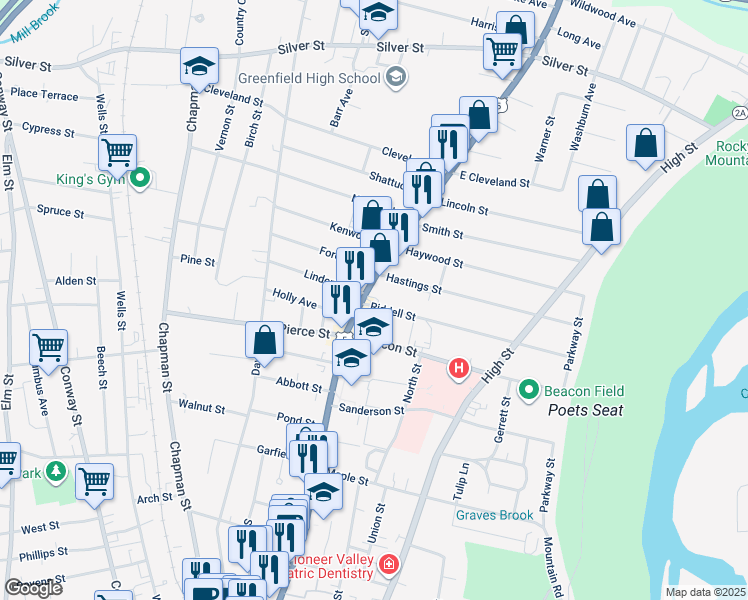 map of restaurants, bars, coffee shops, grocery stores, and more near 259 Federal Street in Greenfield