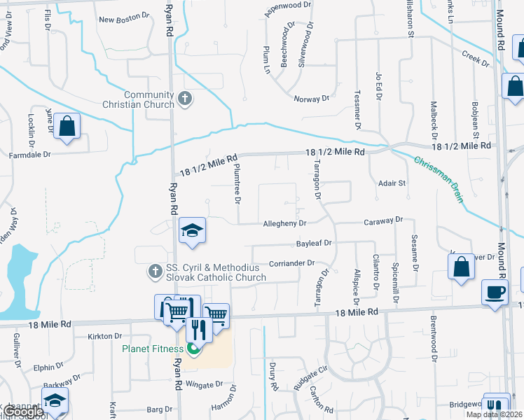 map of restaurants, bars, coffee shops, grocery stores, and more near 41778 Prunum Drive in Sterling Heights