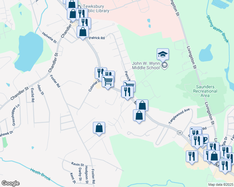 map of restaurants, bars, coffee shops, grocery stores, and more near 1501 Main Street in Tewksbury