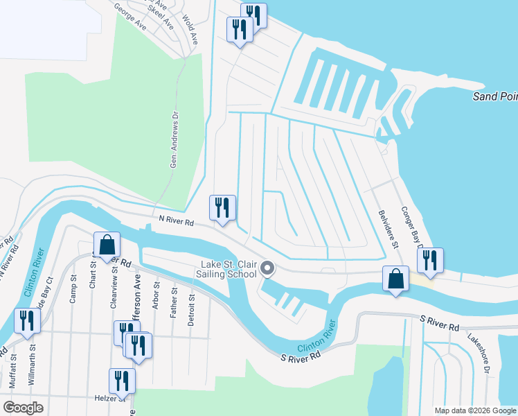 map of restaurants, bars, coffee shops, grocery stores, and more near 41300 Bayhaven Drive in Harrison Township