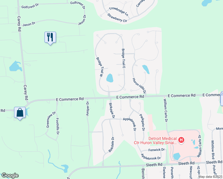 map of restaurants, bars, coffee shops, grocery stores, and more near 5200 Bridge Trail West in Commerce Charter Township
