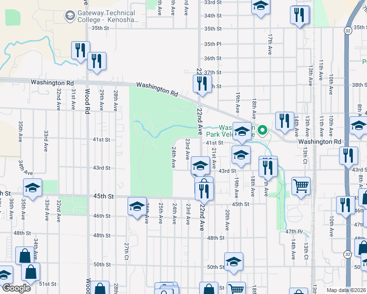 map of restaurants, bars, coffee shops, grocery stores, and more near 4116 23rd Avenue in Kenosha
