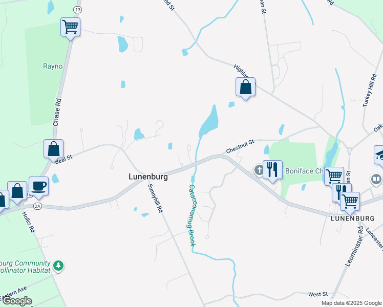 map of restaurants, bars, coffee shops, grocery stores, and more near 697 Massachusetts Avenue in Lunenburg